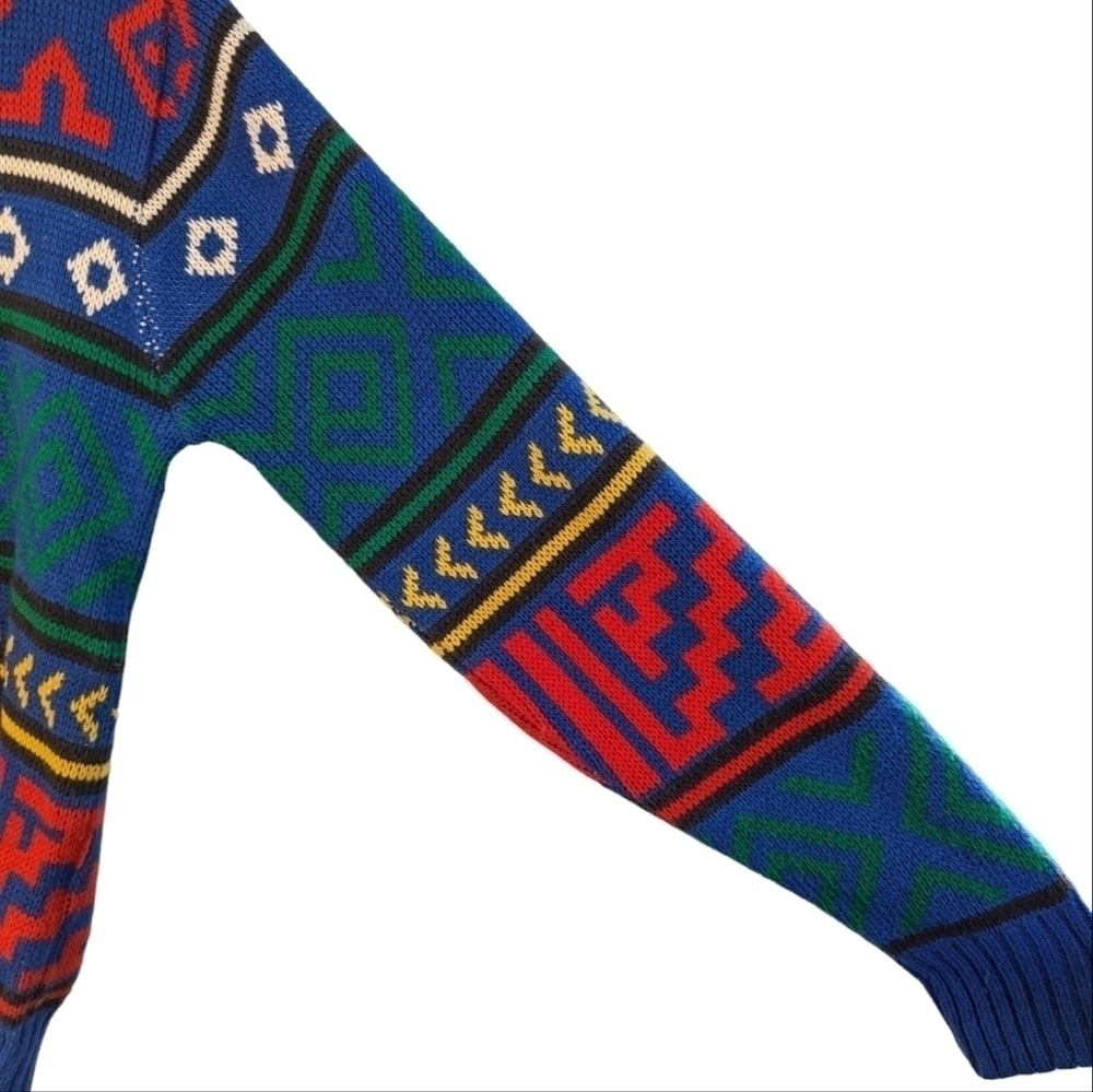 Vintage 90s Nordic Geometric Ski Sweater Blue Colorful Cabin Grandpa Knit S - Picture 6 of 8